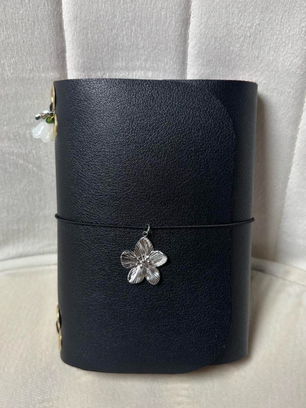 Black Leather Travel Journal with Silver Flower Charm
